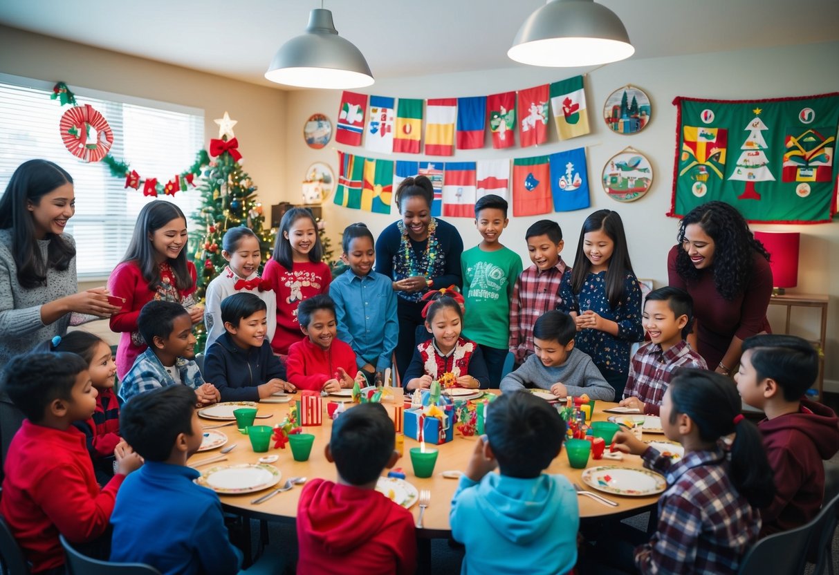 A diverse group of children and adults gather around a table, sharing and learning about different cultural holiday traditions. Decorations and symbols from various cultures are displayed around the room