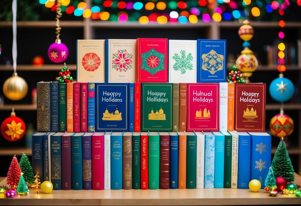 A diverse collection of books about cultural holidays displayed on a shelf, surrounded by colorful decorations and symbols representing different traditions