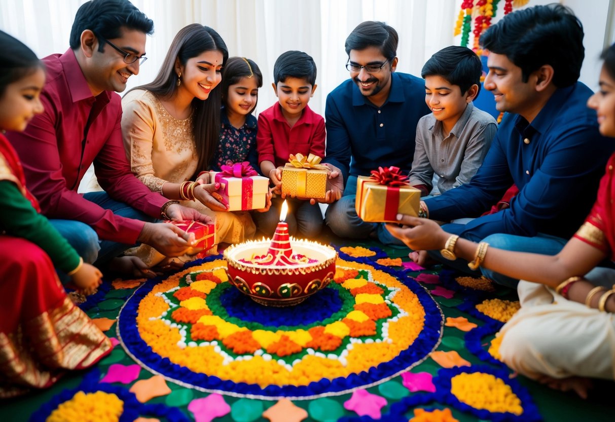 A family gathers around a beautifully decorated diya, exchanging gifts and sweets, while colorful rangoli designs adorn the floor