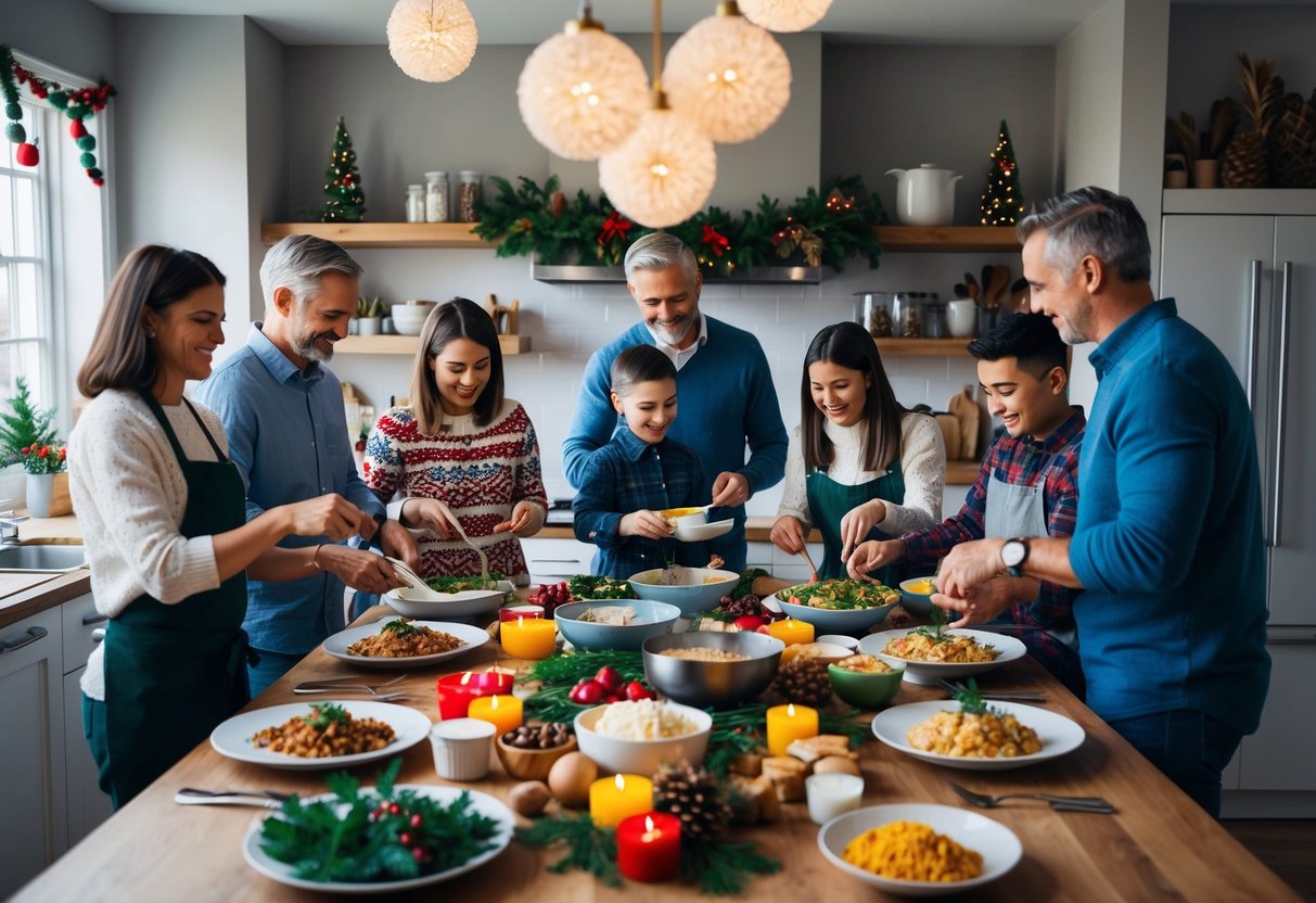 Families gathered around a kitchen table, preparing and cooking traditional holiday recipes from different cultures, surrounded by festive decorations and ingredients