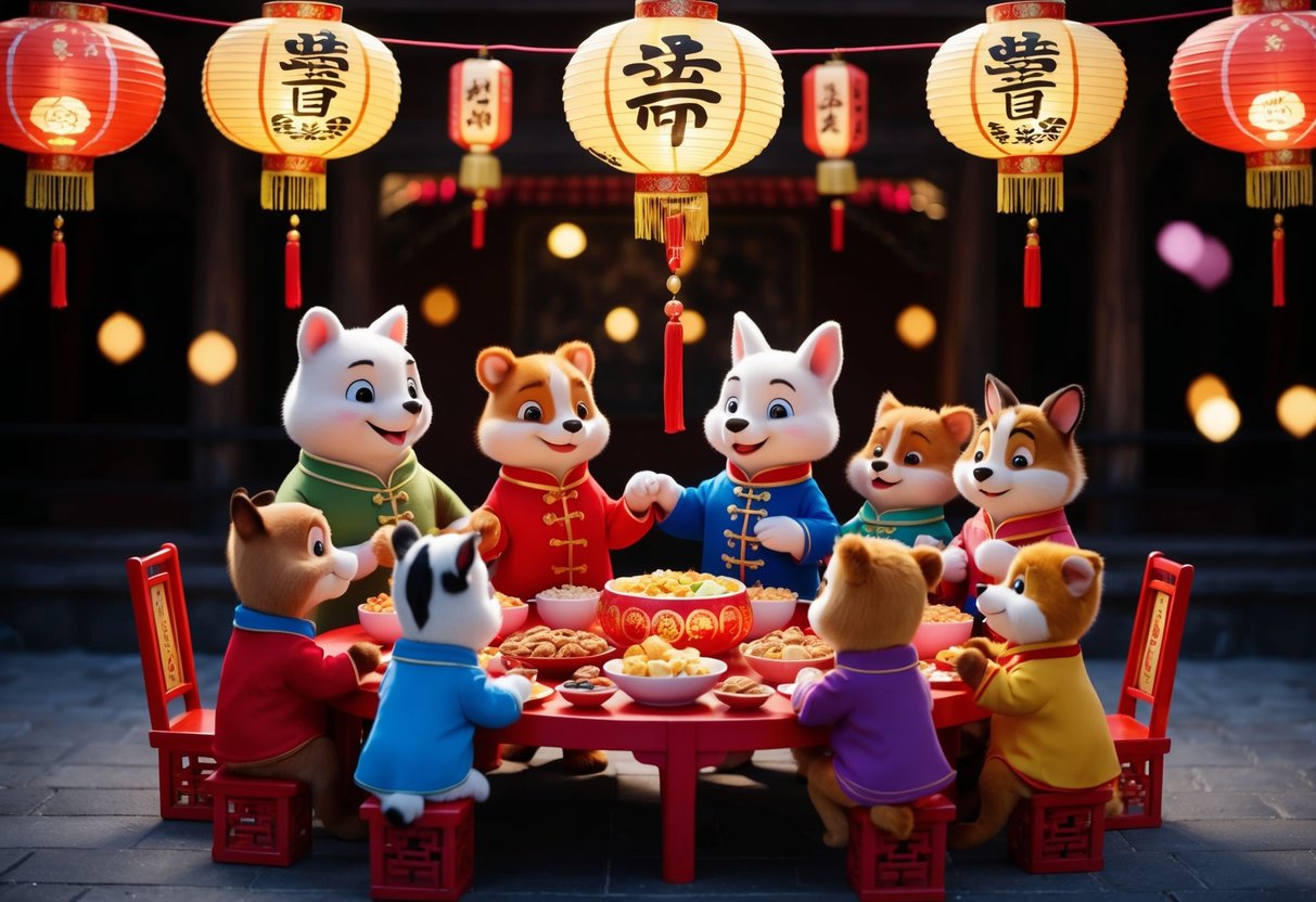 A family of cartoon animals gather around a table filled with traditional Lunar New Year decorations and treats, with lanterns hanging overhead