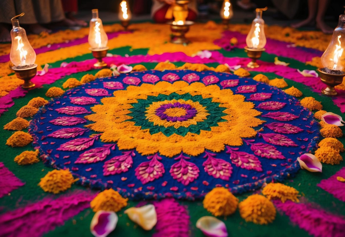 Vibrant colored powders form intricate patterns on the ground, surrounded by lit oil lamps and flower petals