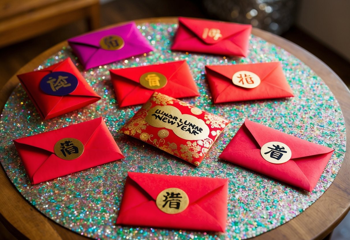 A table adorned with colorful paper, glitter, and decorative elements. Nine unique red envelopes lay scattered, each personalized for Lunar New Year