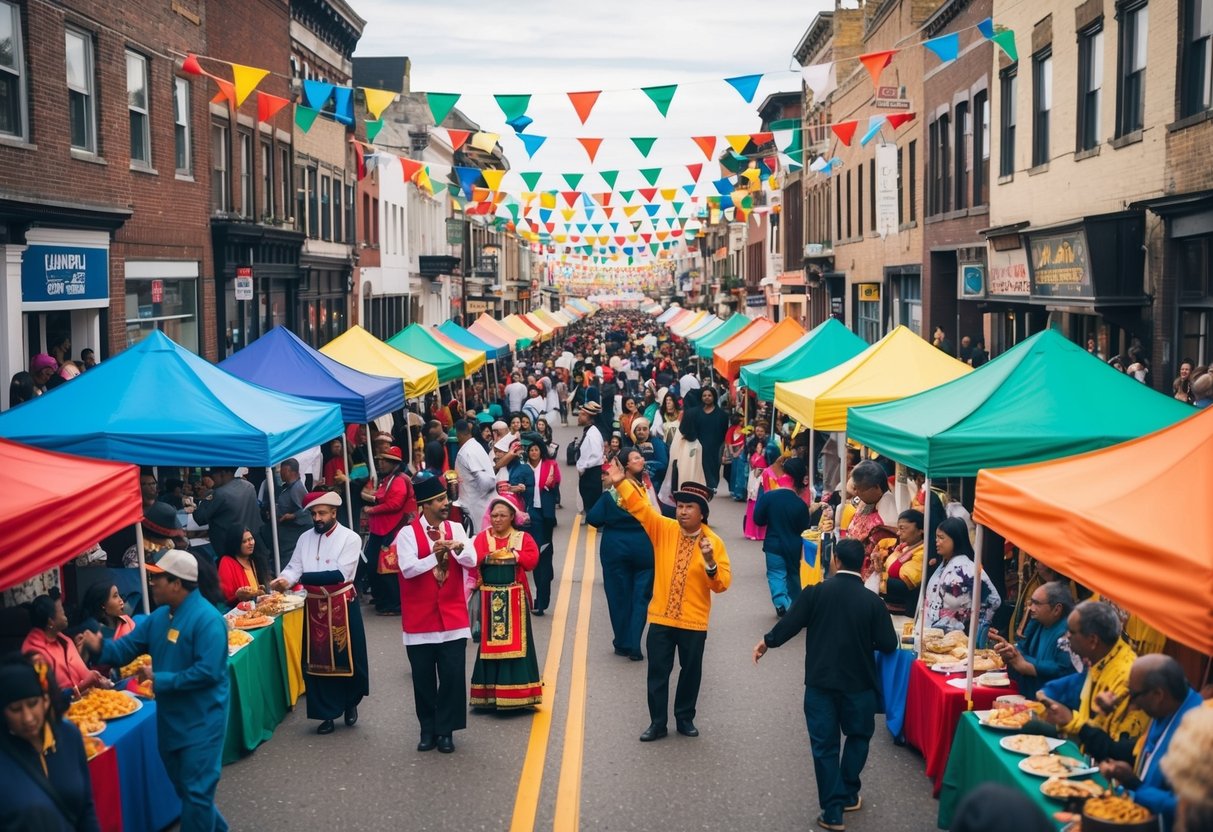 Colorful tents and booths line the streets, filled with people from different cultures celebrating with traditional music, dance, and food