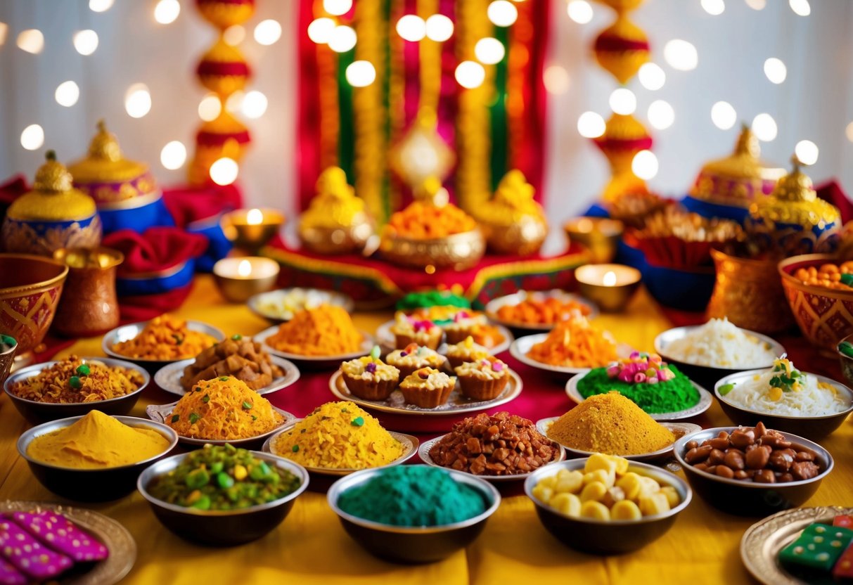 A festive table filled with an assortment of colorful and delicious mithai, surrounded by decorative Diwali lights and traditional decorations