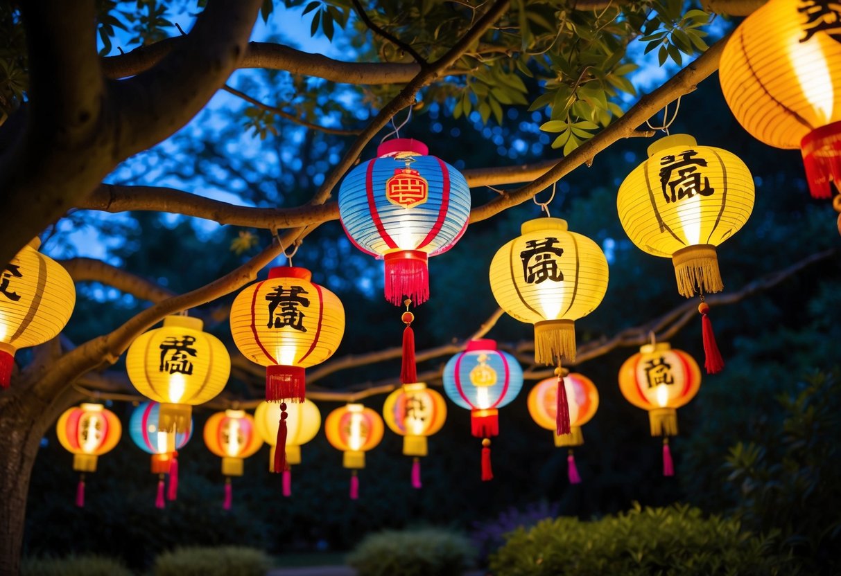 Colorful lanterns hanging from tree branches, illuminating a garden at night. Each lantern is adorned with intricate designs and symbols representing the Lunar New Year