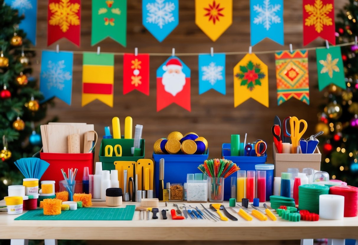 A table with various craft supplies and tools arranged neatly, surrounded by colorful decorations and symbols representing different cultural holiday traditions