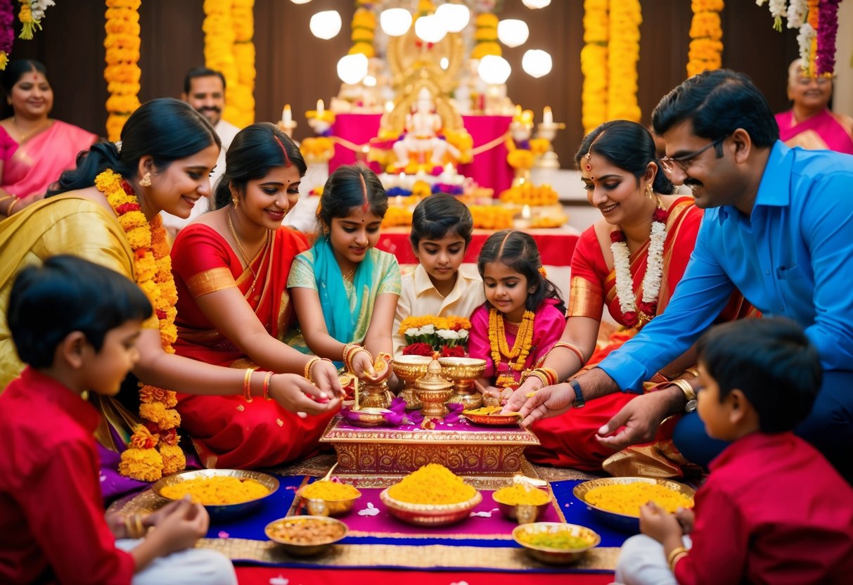 A family gathers around a beautifully decorated altar, offering flowers, incense, and sweets as they celebrate Diwali with a traditional Puja ceremony