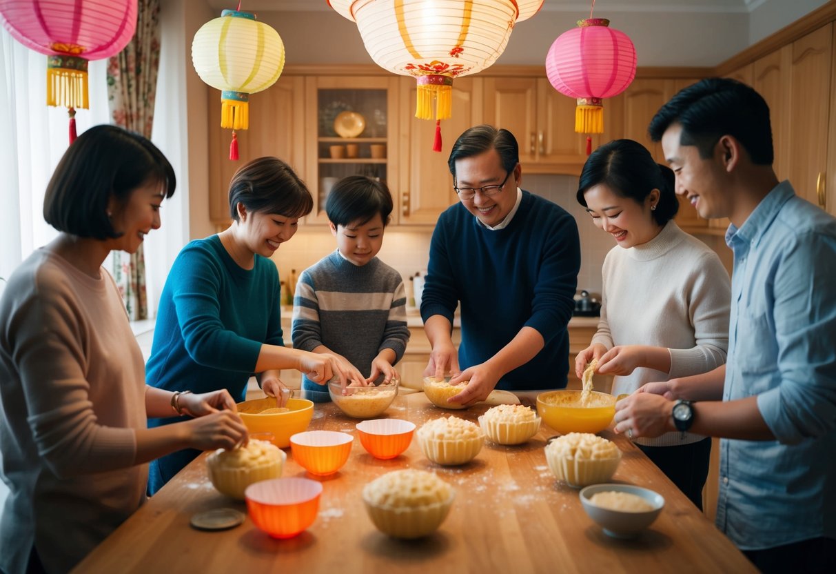 A family gathers around a kitchen table, mixing ingredients and shaping moon cakes together. Lanterns and festive decorations adorn the room