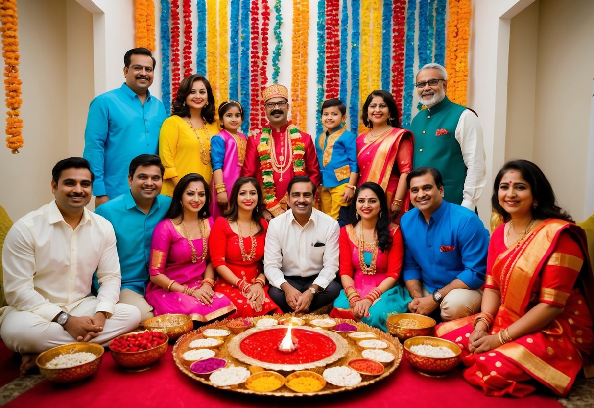 A festive family gathering with colorful new clothes and traditional Diwali decorations