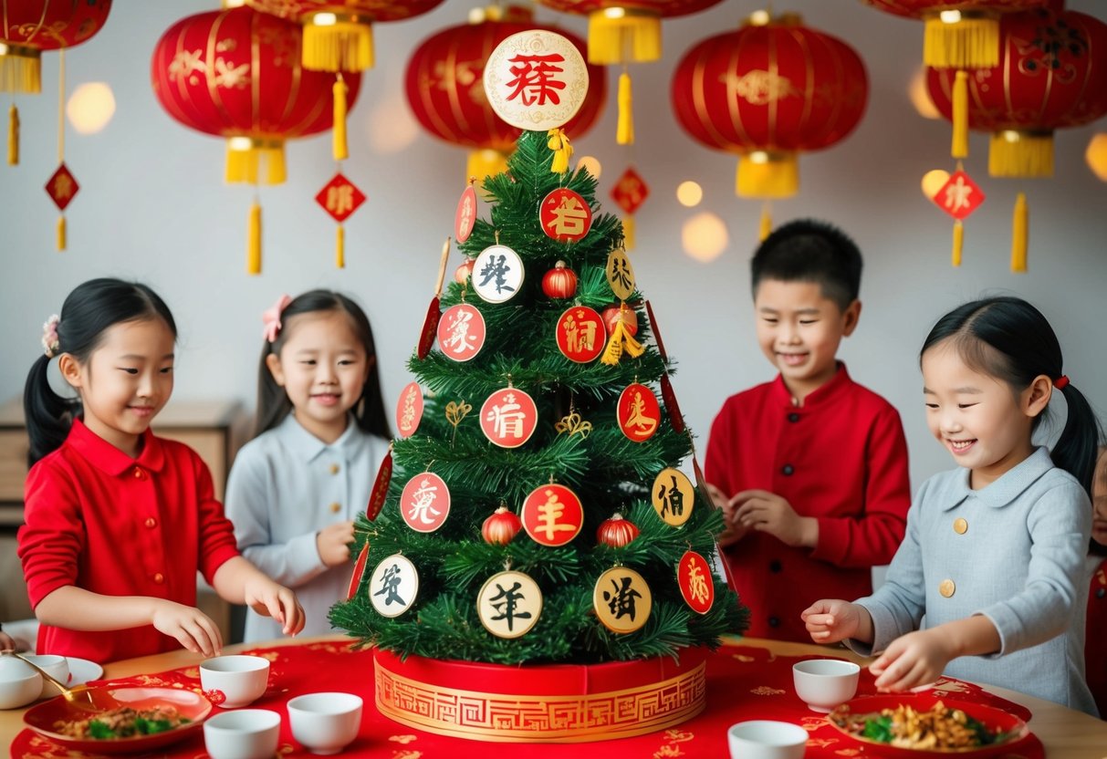 A family tree display with Lunar New Year decorations and symbols, surrounded by happy children participating in special activities