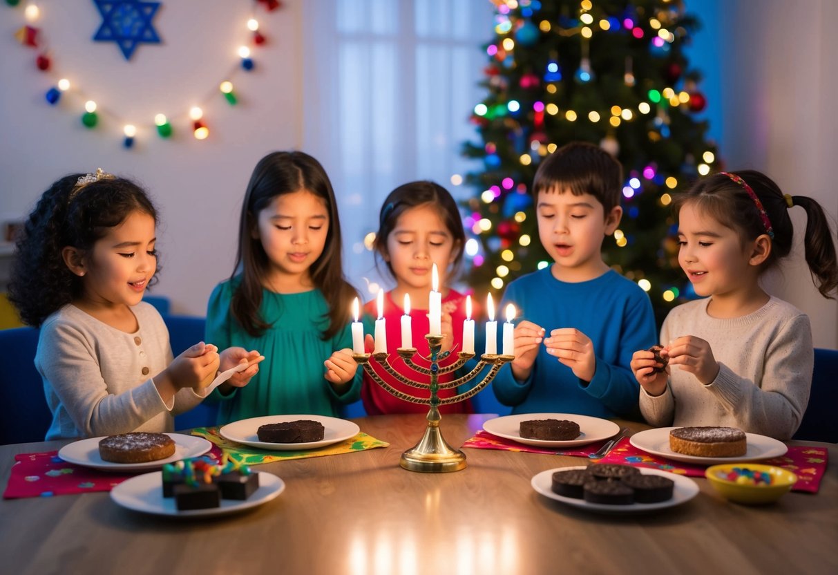 Children lighting menorah, spinning dreidel, making latkes, singing songs, playing games, exchanging gifts, and decorating home with colorful Hanukkah decorations