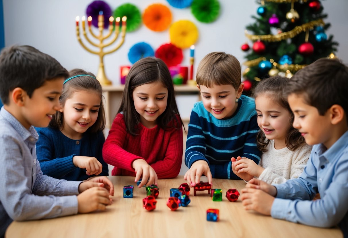 Children gathered around a table playing dreidel, with colorful Hanukkah decorations and menorah in the background