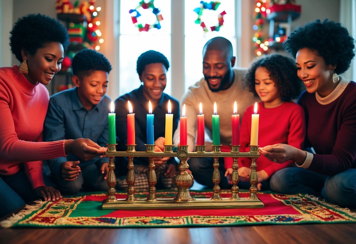 A family gathers around a kinara, lighting the seven candles to celebrate Kwanzaa. Traditional symbols and colorful decorations adorn the room, creating a festive atmosphere