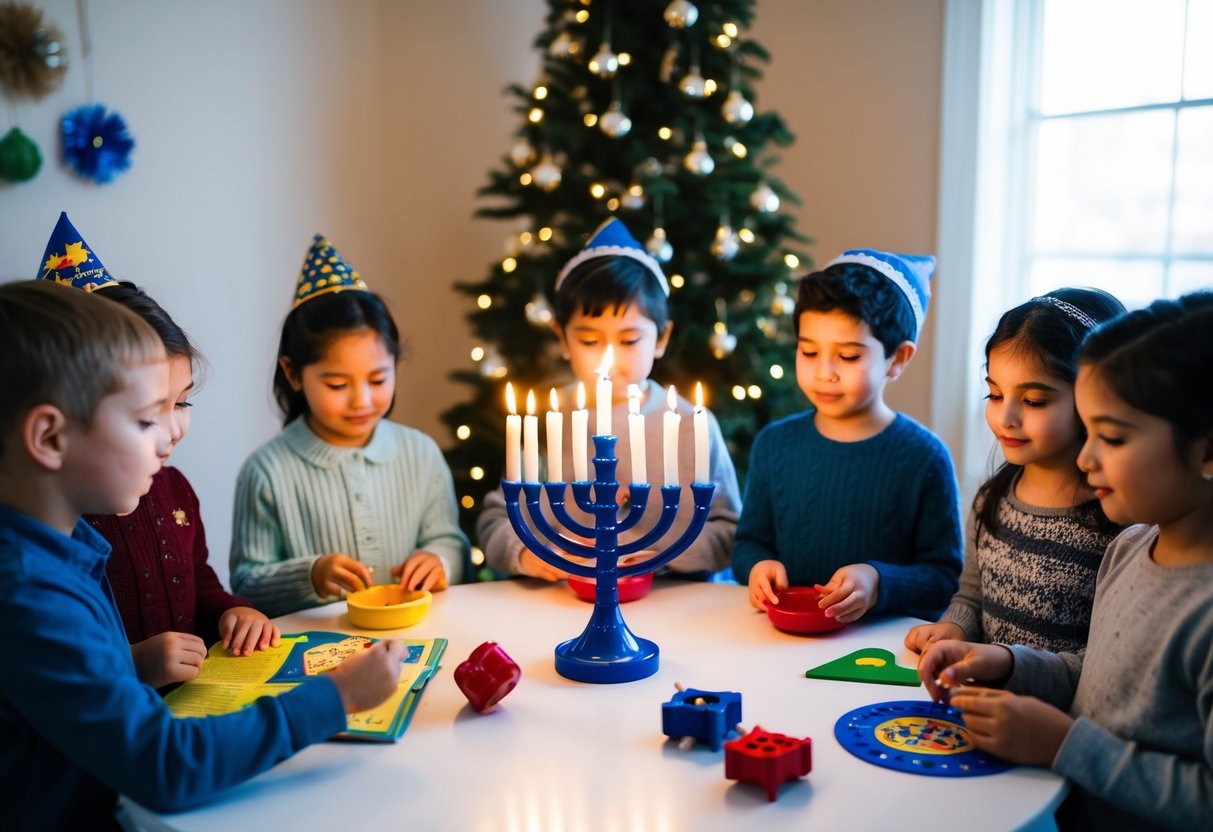 Children gathered around a table, lighting menorah, playing dreidel, and making traditional Hanukkah crafts. A storyteller reads from a book while kids listen attentively