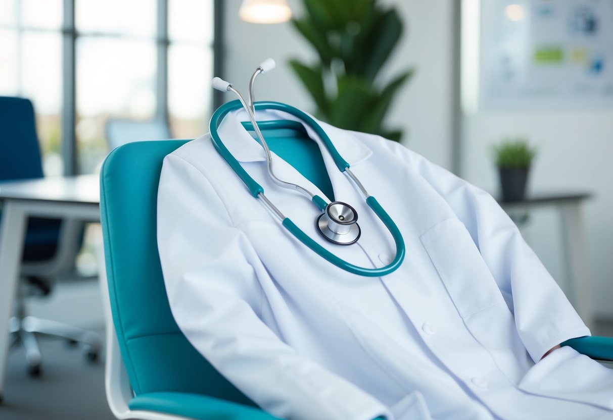 A stethoscope resting on a clean, white medical coat draped over a chair in a well-lit, modern office setting