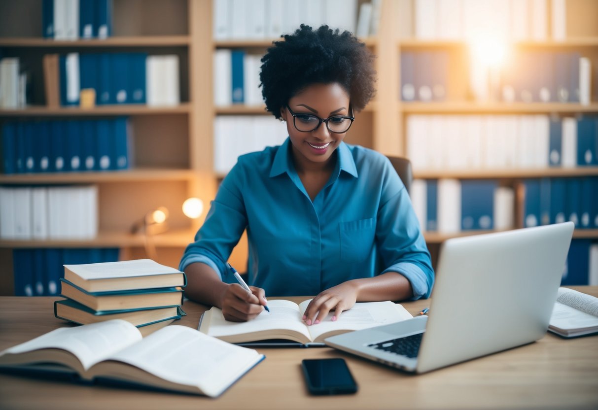 A person sitting at a desk, surrounded by open books and a laptop, brainstorming and writing down ideas for healthcare blog headlines