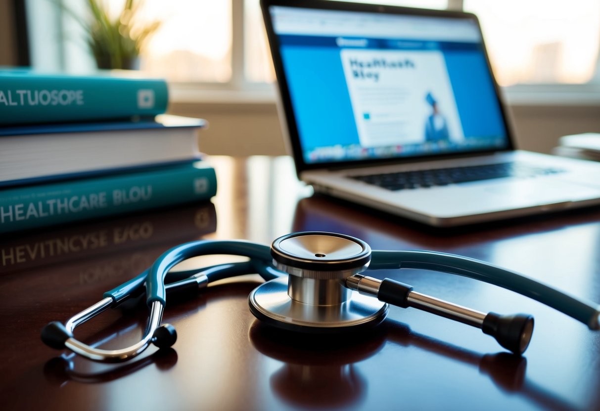 A stethoscope resting on a polished wooden desk, surrounded by medical textbooks and a laptop displaying a healthcare blog