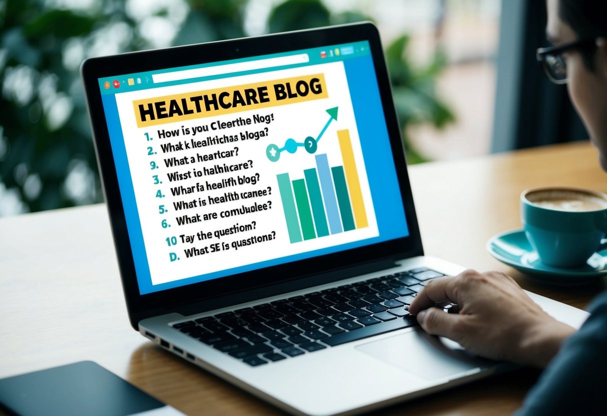 A laptop open to a healthcare blog with a list of frequently asked questions about SEO displayed on the screen