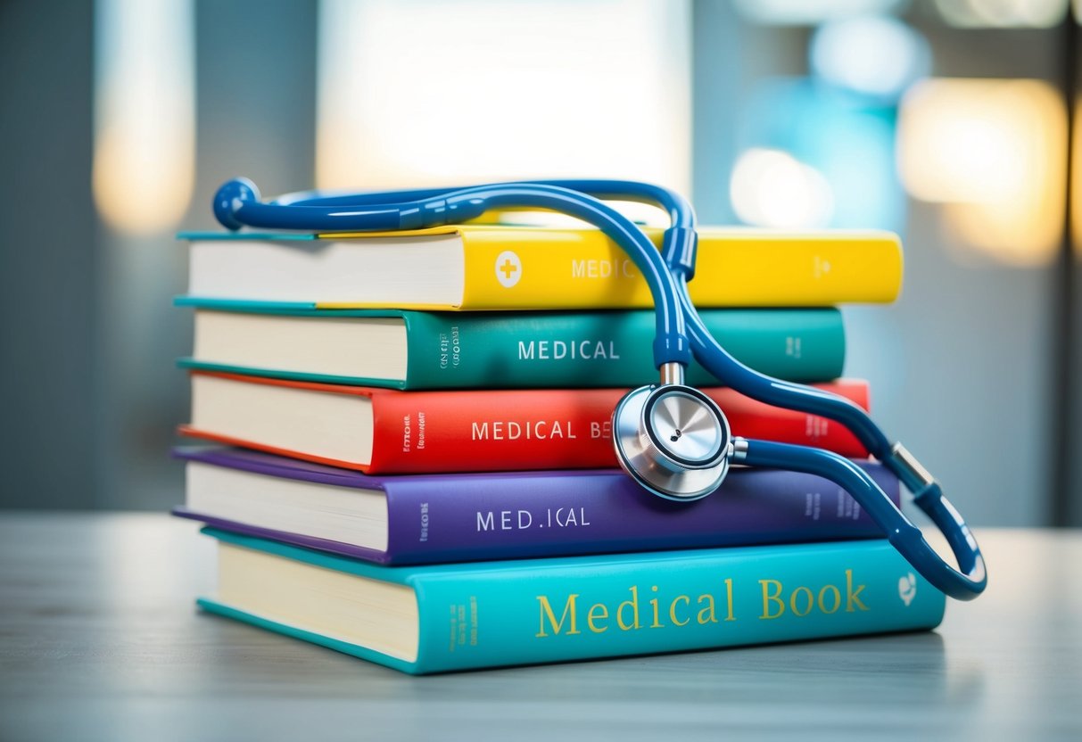 A stack of colorful medical books with a stethoscope draped over them