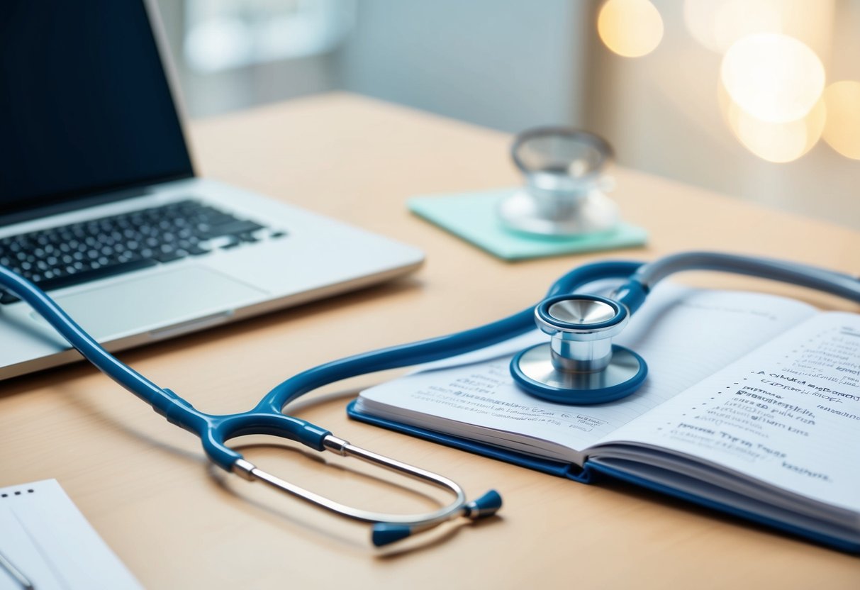 A stethoscope resting on a desk next to a laptop and a notebook filled with notes and research on healthcare topics