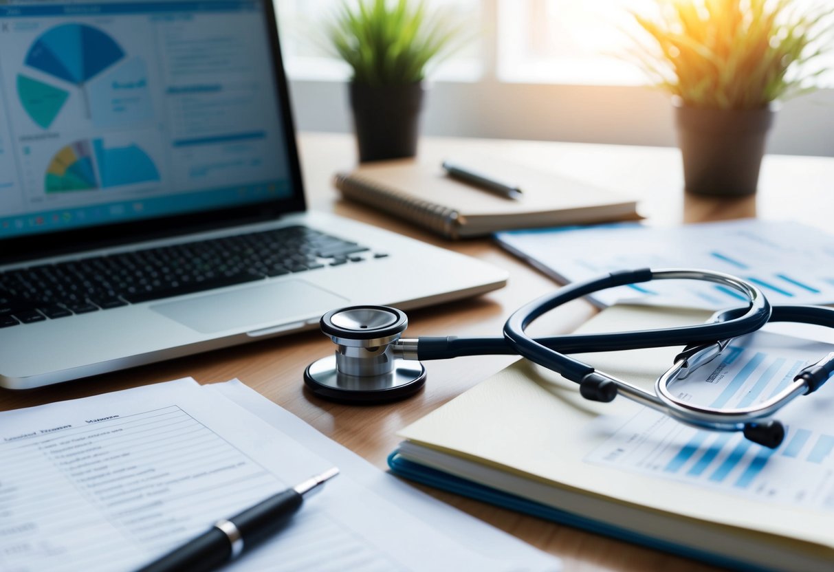 A stethoscope resting on a desk beside a laptop and notebook, surrounded by medical charts and research papers