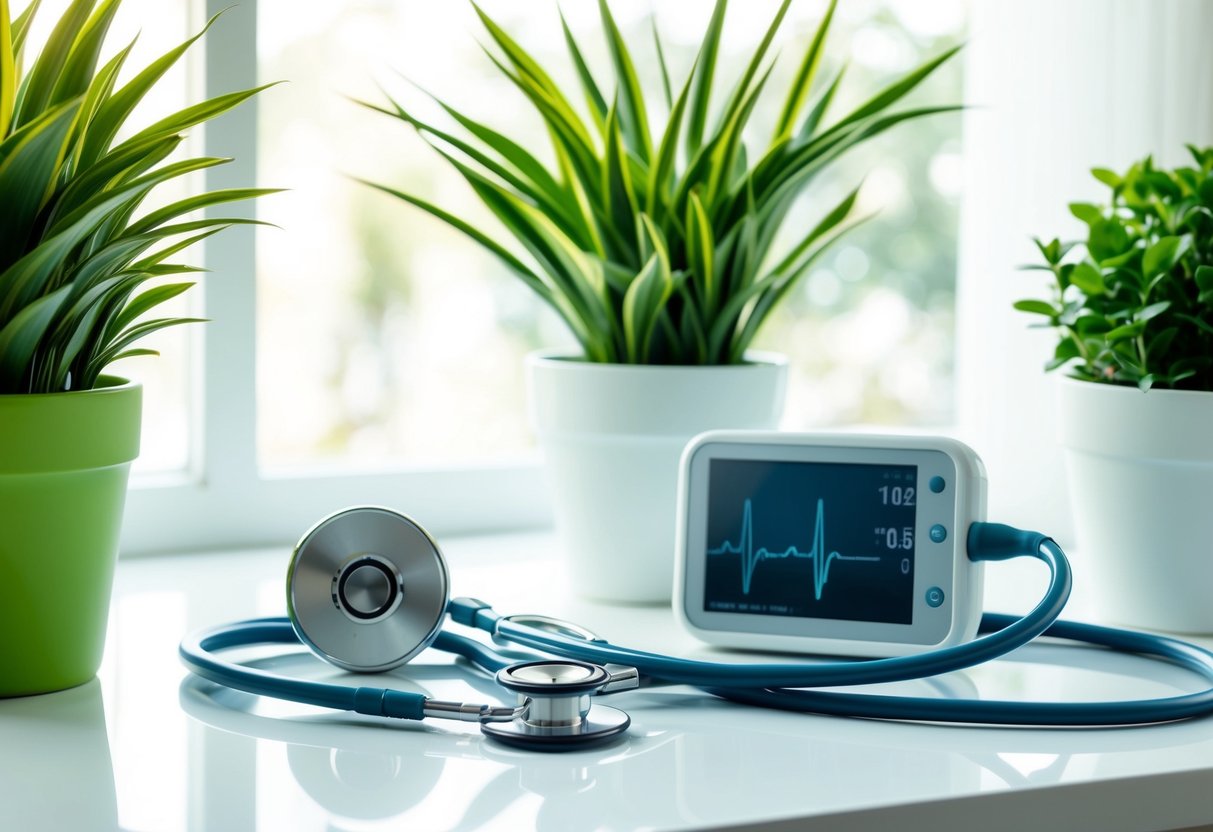 A stethoscope and a heart rate monitor placed on a clean, white desk, surrounded by vibrant, green potted plants and a soft, natural light filtering through a window