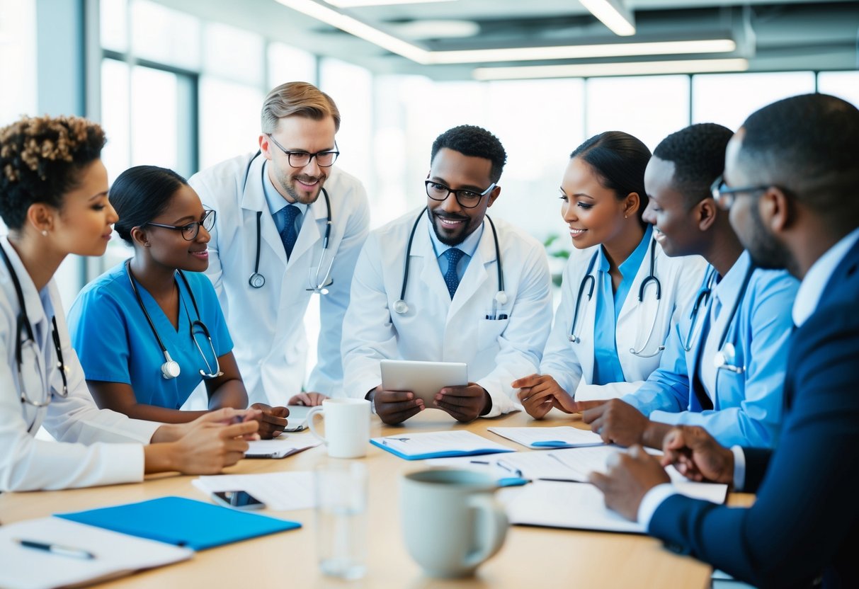 A group of diverse healthcare professionals discussing and brainstorming ideas in a bright, modern office setting