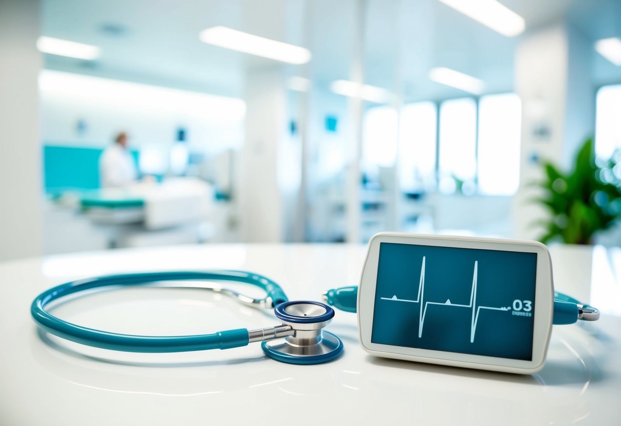 A stethoscope and a heart rate monitor placed on a clean, white medical table, with a bright, modern hospital room in the background