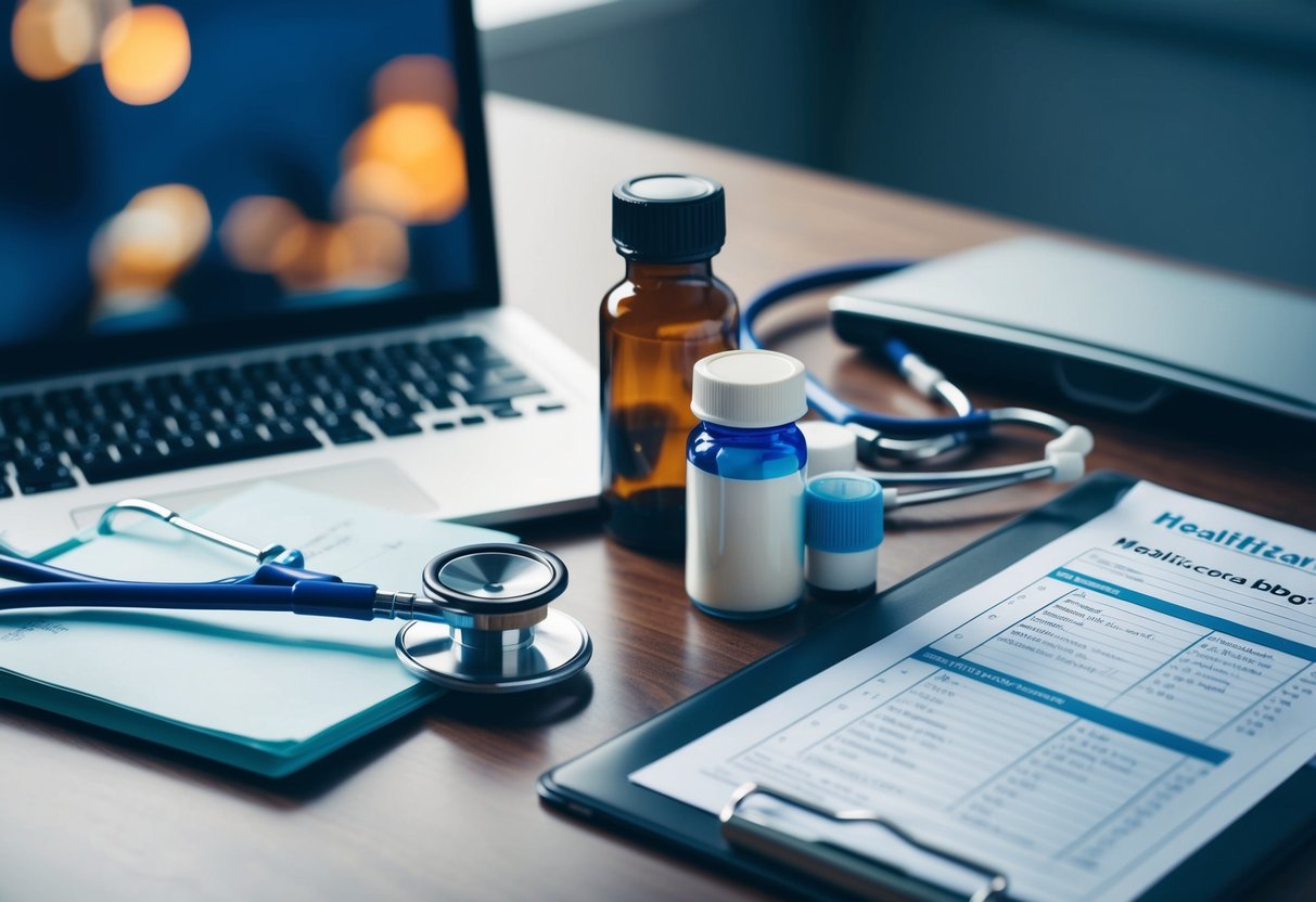 A stethoscope, pill bottles, and a medical chart arranged on a desk with a laptop open to a healthcare blog