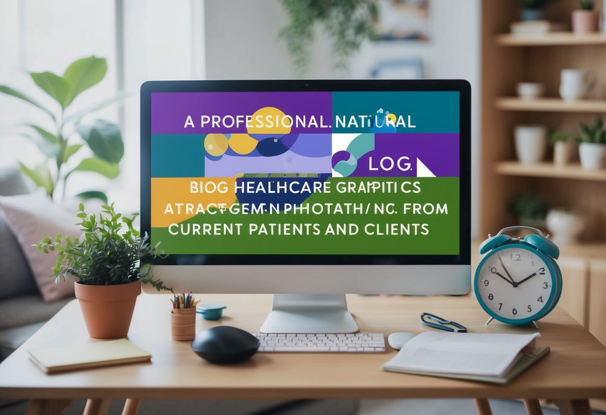 A cozy, inviting natural healthcare blog with colorful graphics and informative articles, attracting engagement from current patients and clients