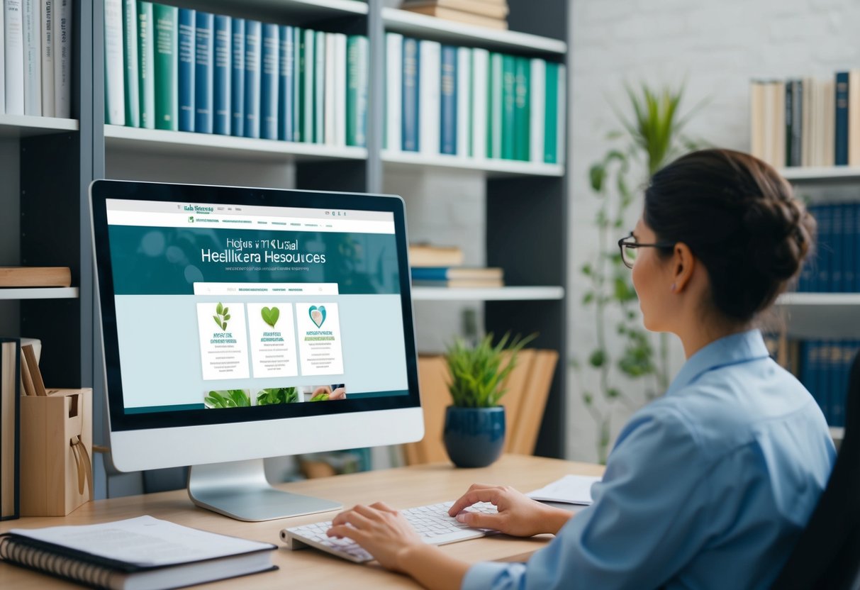 A person sitting at a computer, typing on a keyboard while surrounded by shelves of books and medical journals. A blog website is displayed on the computer screen, with various natural healthcare topics and resources