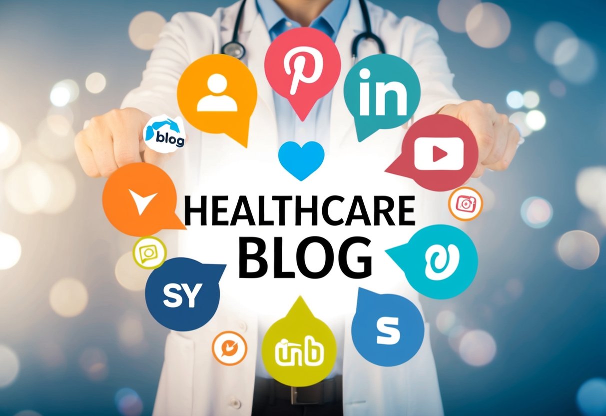 A healthcare blog surrounded by various websites and social media icons, all pointing towards the blog