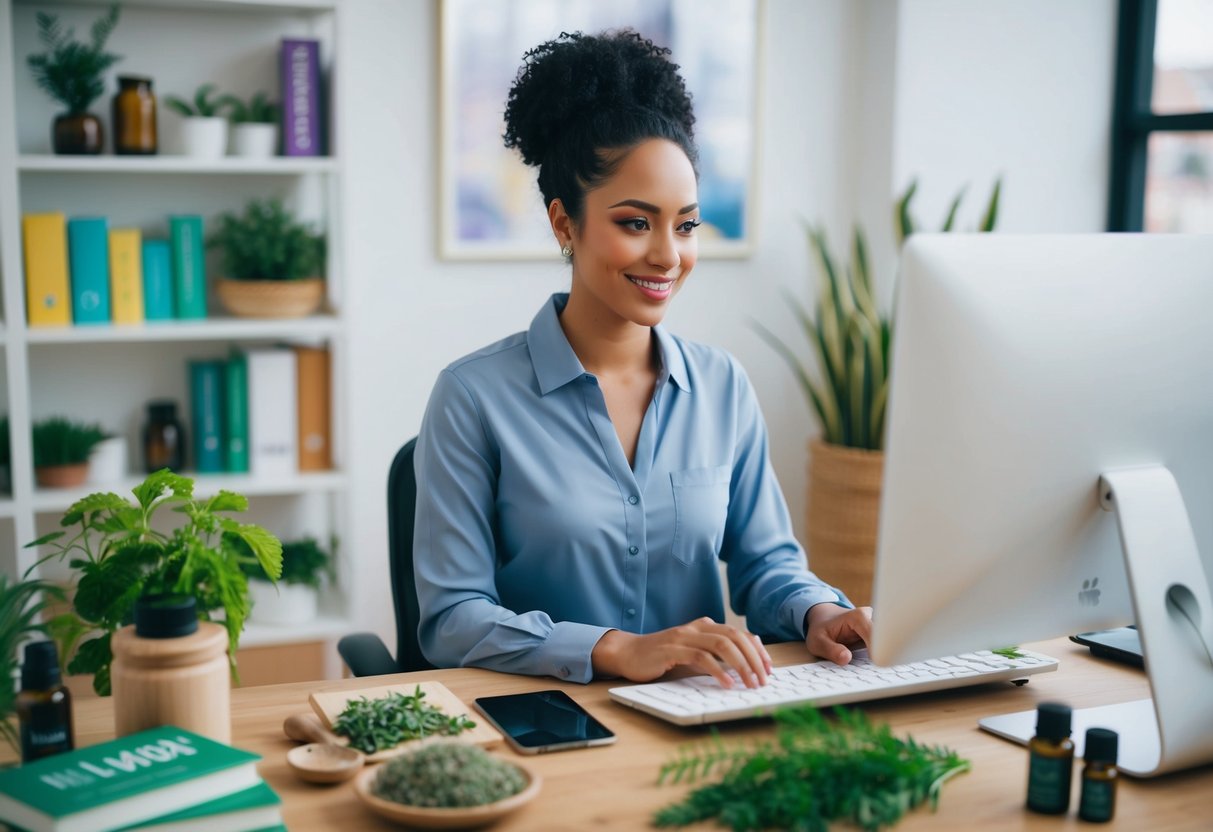 A person sitting at a computer, typing on a keyboard while surrounded by various natural healthcare items such as herbs, essential oils, and holistic wellness books