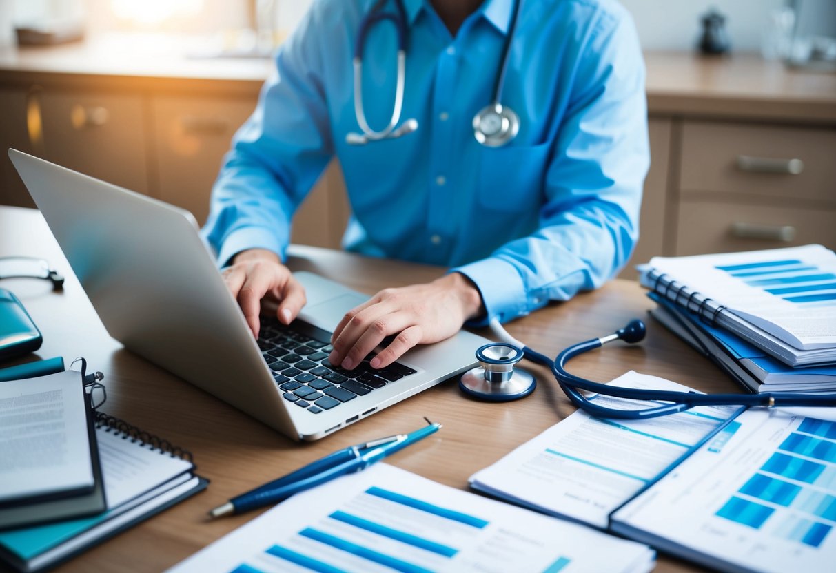 A person typing on a laptop, surrounded by medical journals and research papers, with a stethoscope and medical equipment nearby