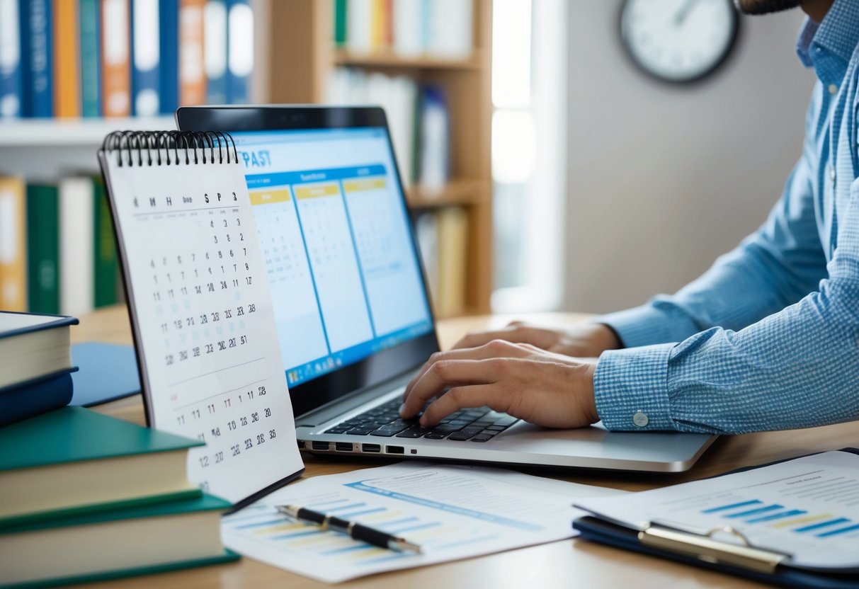 A person typing on a laptop surrounded by medical books and research papers, with a calendar showing the current date and a clock indicating the time