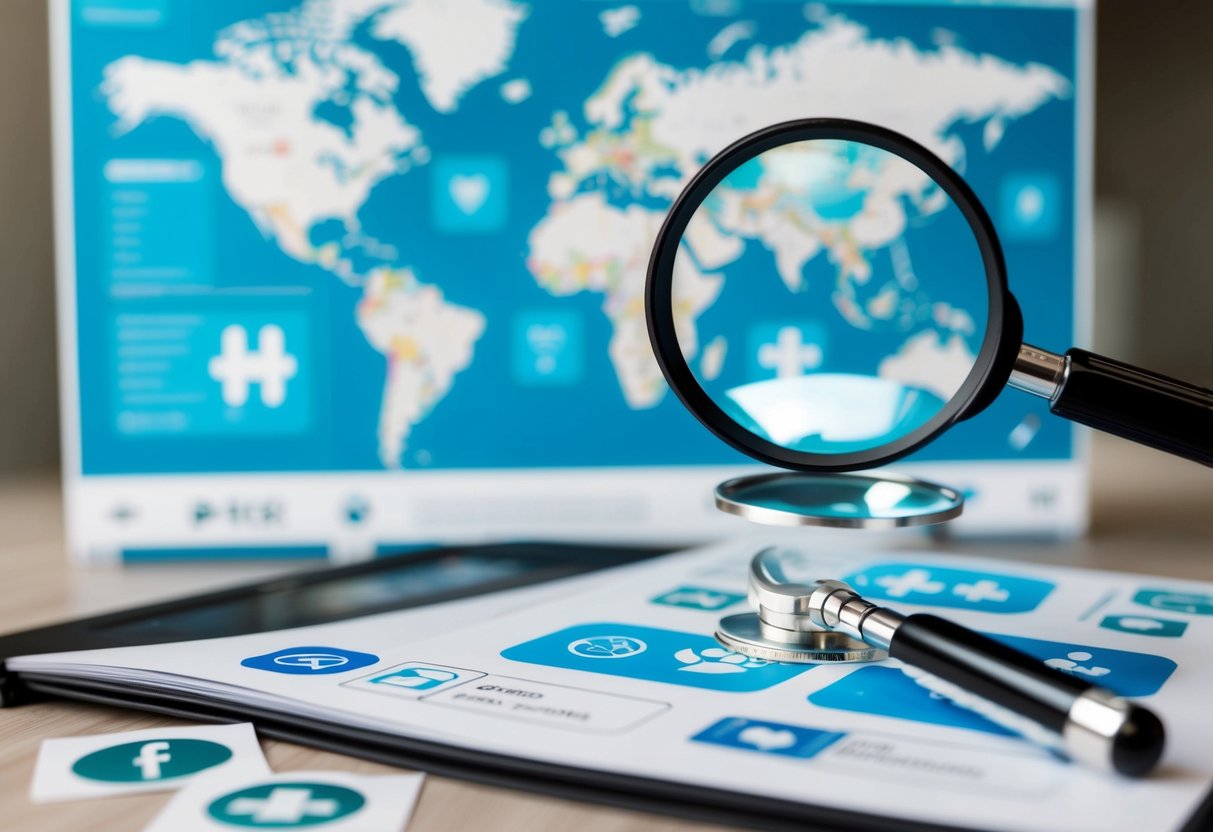 A healthcare blog with a world map as the background, with various healthcare-related icons scattered around, and a magnifying glass focusing on a specific area