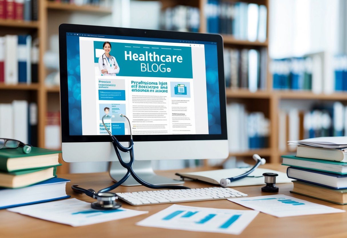 A doctor's stethoscope and a computer with a healthcare blog on the screen, surrounded by various medical books and research papers