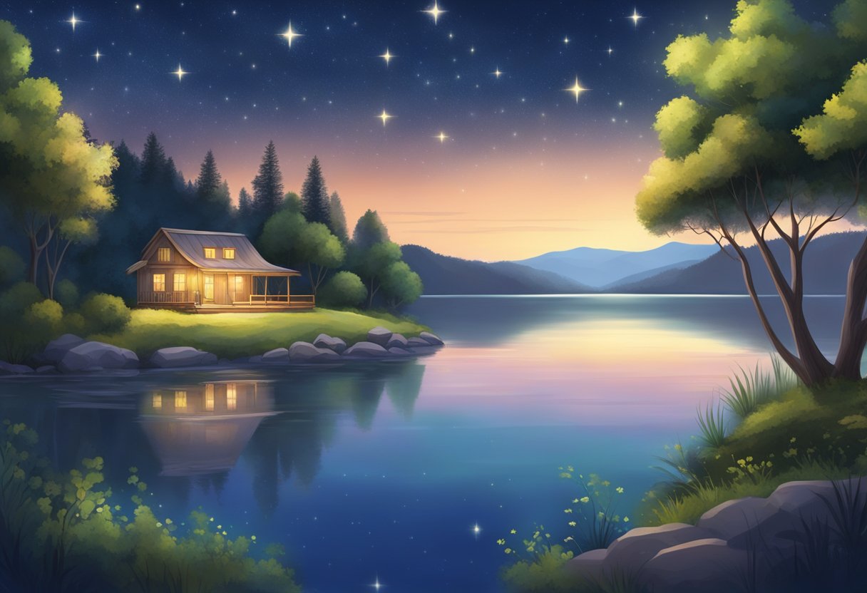 A serene landscape with a peaceful, starry night sky and a tranquil setting, surrounded by lush greenery and a calm body of water