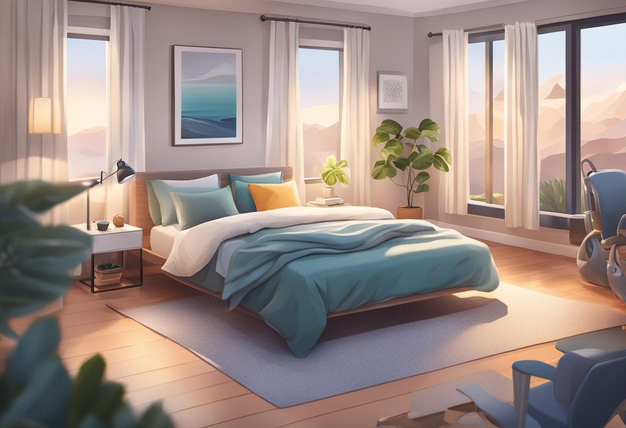 A serene bedroom with a comfortable bed and soft lighting, surrounded by fitness equipment and healthy snacks, creating a peaceful environment for optimal sleep and muscle recovery