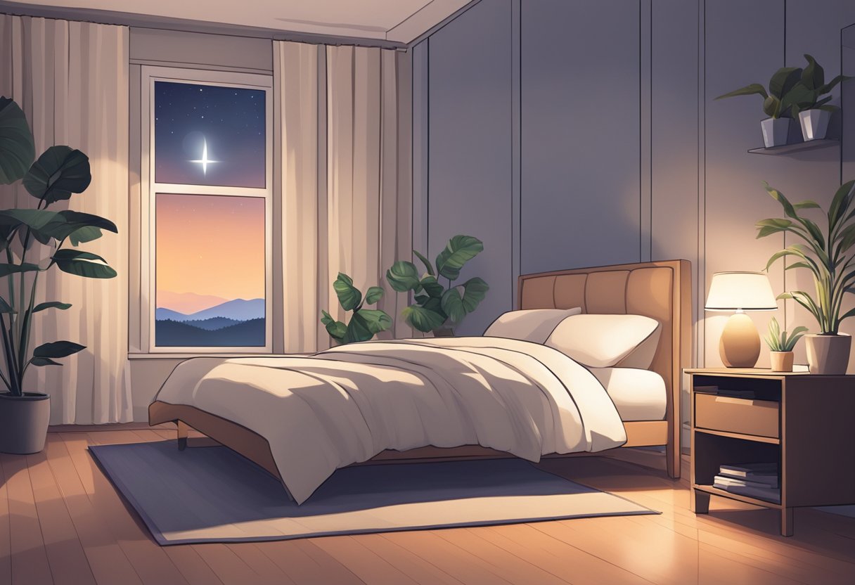 A serene bedroom with a cozy bed, dim lighting, and a peaceful atmosphere. A clock on the nightstand shows a late hour, indicating the importance of a full night's rest for muscle recovery and growth