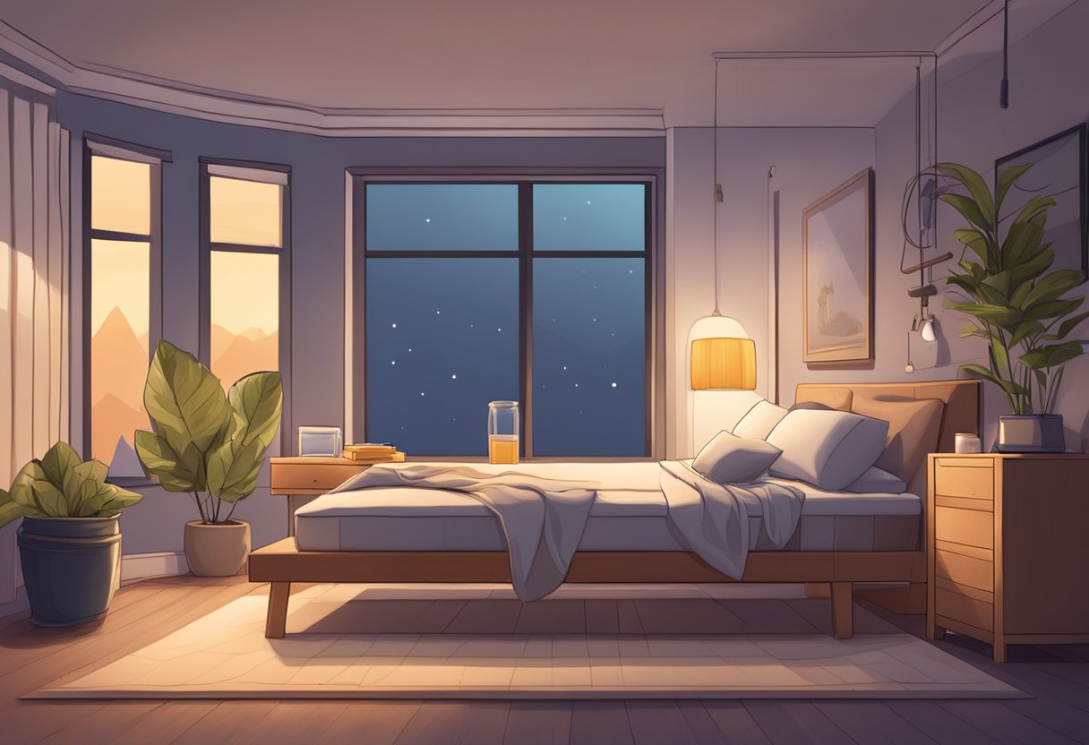 A peaceful bedroom with a cozy bed, dim lighting, and a serene atmosphere, surrounded by fitness gear and a protein shake, symbolizing the importance of sleep for muscle recovery and growth