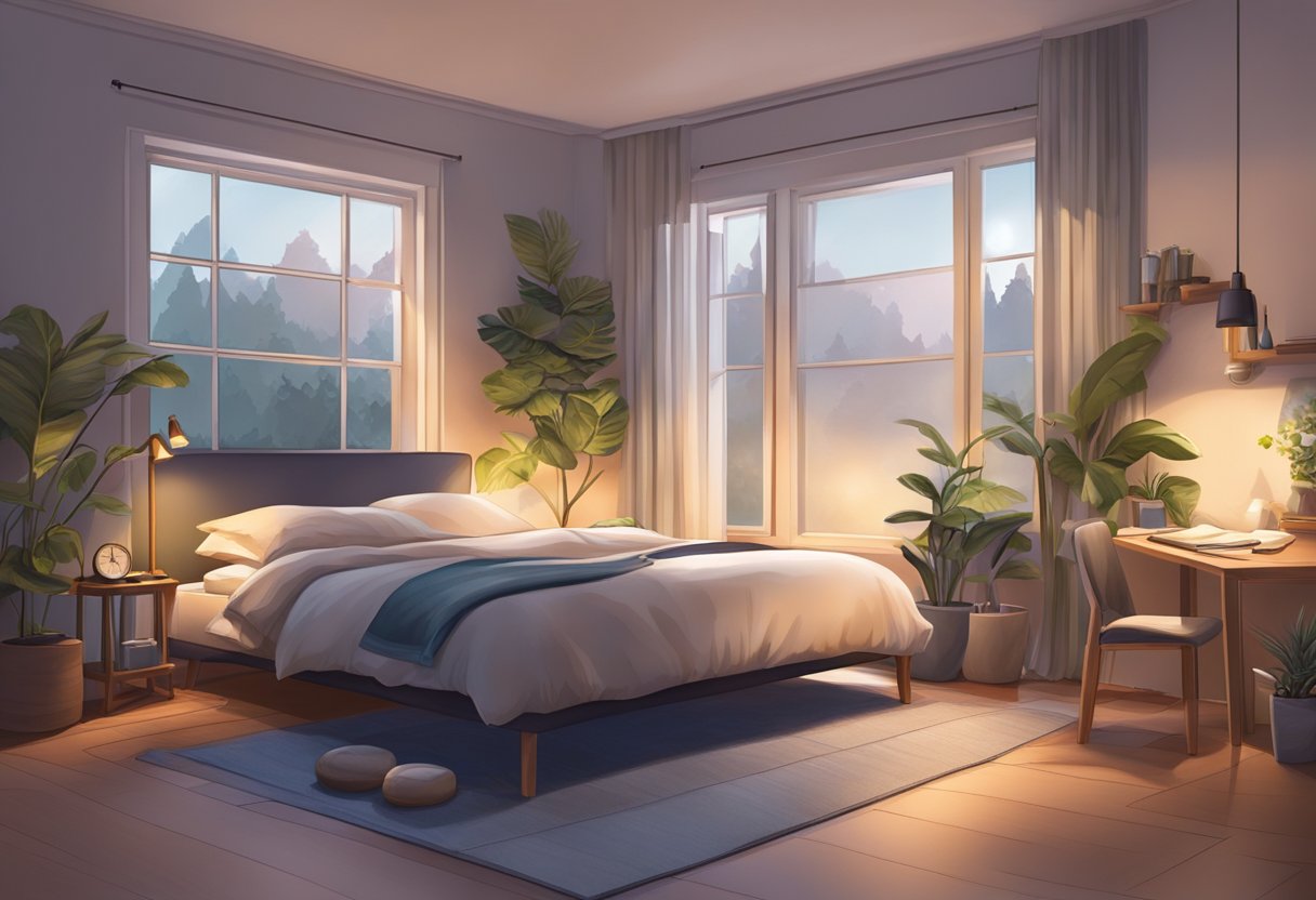 A serene bedroom with a cozy bed, dim lighting, and a peaceful atmosphere, surrounded by fitness equipment and healthy lifestyle elements