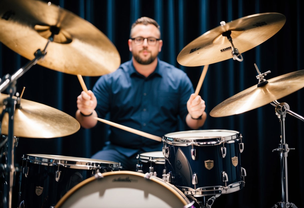 A drummer sits behind a drum kit, sticks in hand, keeping time for the band with rhythm and precision. The cymbals shimmer as they strike, adding depth to the music