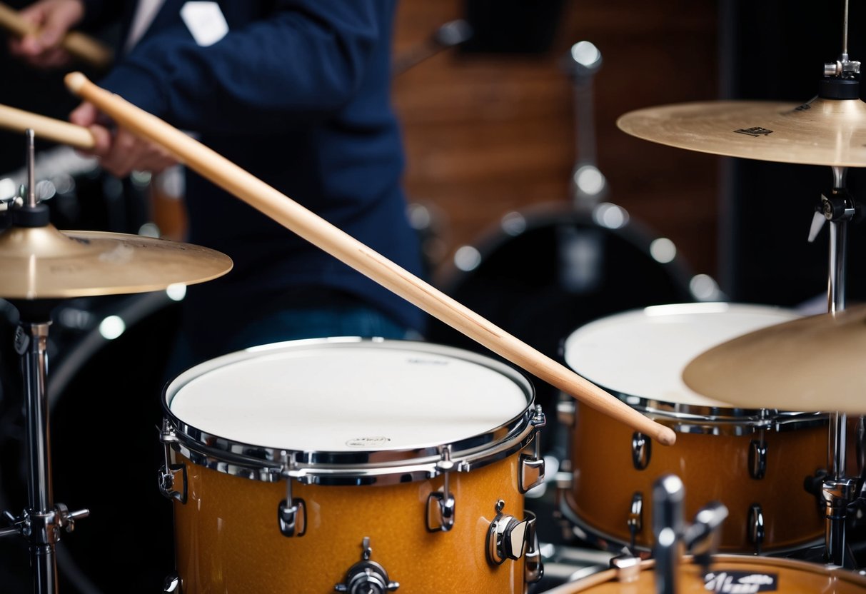 A drummer's sticks strike the snare, setting the rhythm for the band. The hi-hat and bass drum add depth and energy to the music