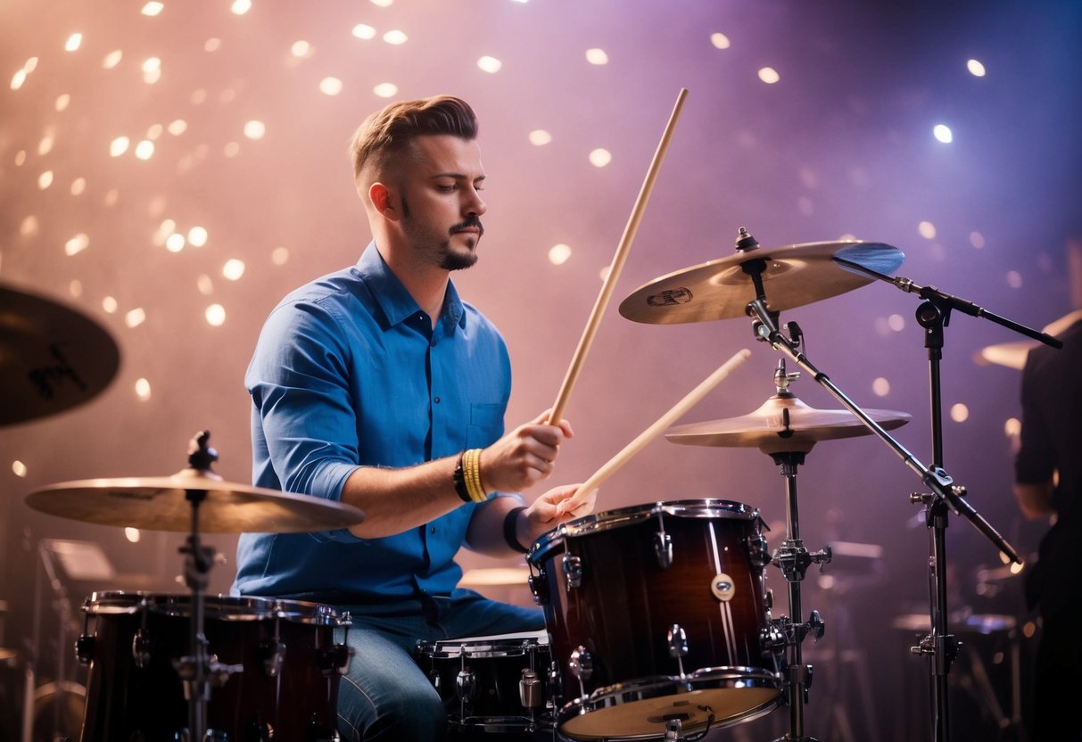A drummer sits behind a drum set, sticks in hand, focused on keeping perfect time while playing with a band. The energy of the music fills the air