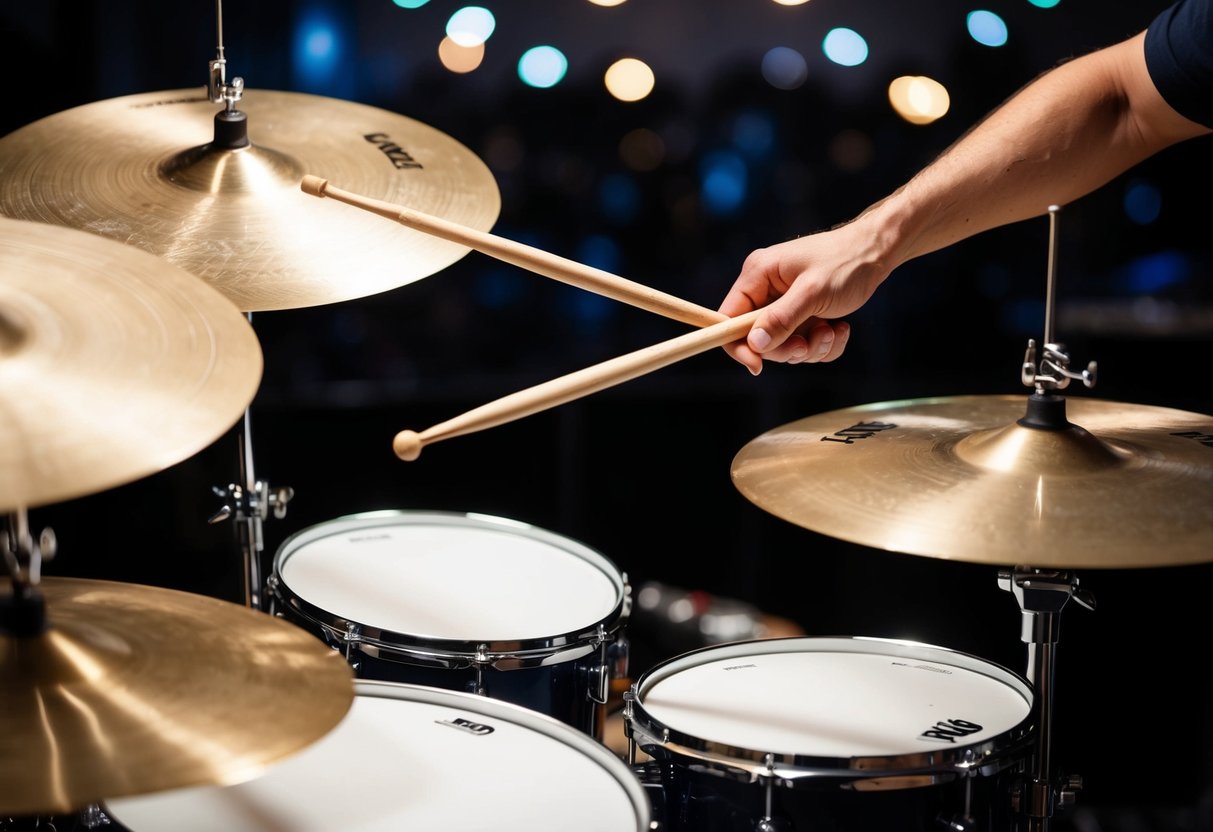 A drummer's sticks strike cymbals and drums in rhythmic precision, creating a dynamic and energetic beat for the band