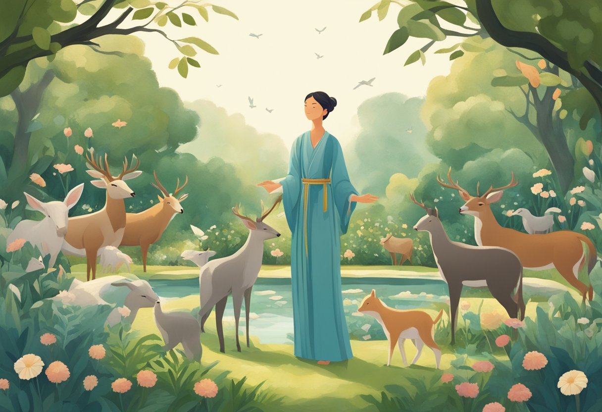 A figure standing in a serene garden, surrounded by animals and nature. The figure extends their arms outward in a gesture of forgiveness and compassion