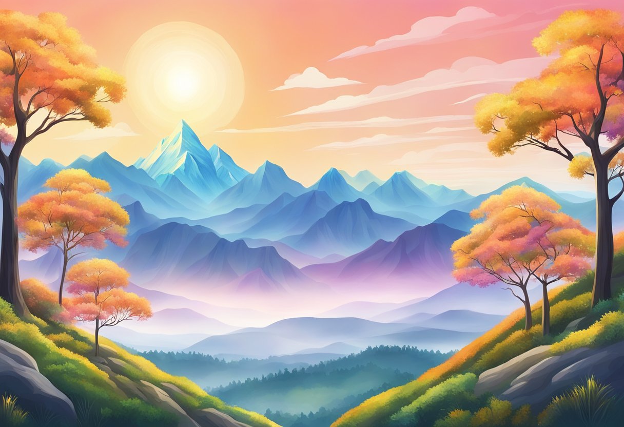 A serene landscape with seven towering mountains, each adorned with seven vibrant trees, under a sky with seven radiant suns