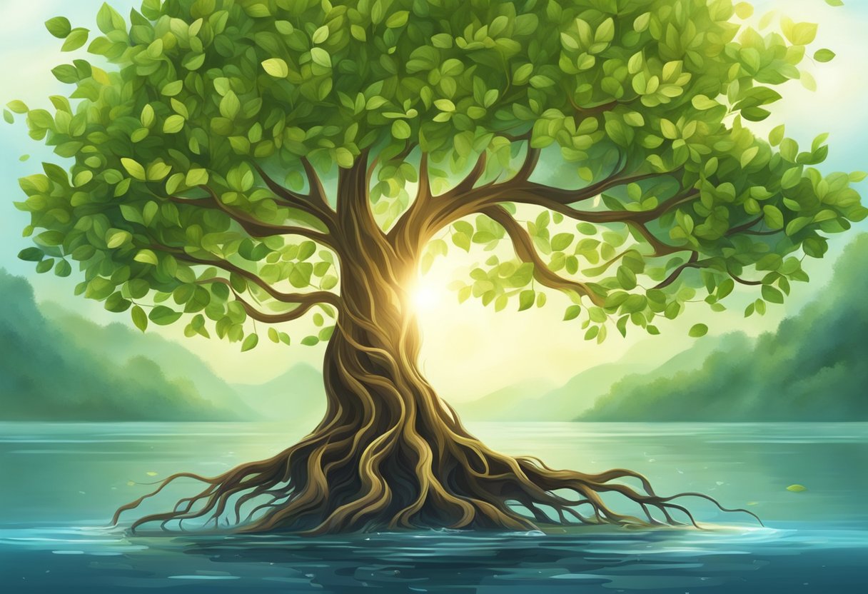 A flourishing tree with deep roots and vibrant leaves, surrounded by sunlight and water